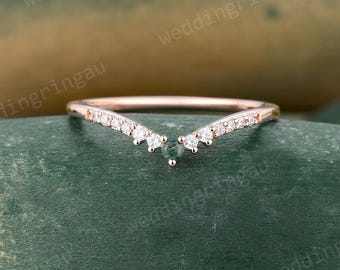 Round Moss Agate Curved Wedding Band Unique Diamond V Shaped Stacking Matching Band Dainty Rose Gold Chevron Bridal Promise Anniversary Ring