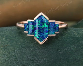 Hexagon Cut Blue Green Opal Ring Vintage Rose Gold Engagement Ring Baguette Cut Lab Opal Ring Unique Bezel Set Ring Art Deco Promise Ring