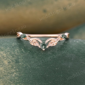 Marquise Cut Moss Agate Wedding Band Vintage Rose Gold Leaf Curved Stacking Matching Band Nature Inspired Ring Promise Anniversary Gifts