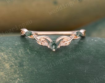 Marquise Cut Moss Agate Wedding Band Vintage Rose Gold Leaf Curved Stacking Matching Band Nature Inspired Ring Promise Anniversary Gifts