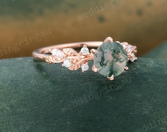 Round Cut Natural Moss Agate Ring Vintage Rose Gold Leaf Engagement Ring Marquise Moissanite Cluster Ring Nature Inspired Wedding Ring