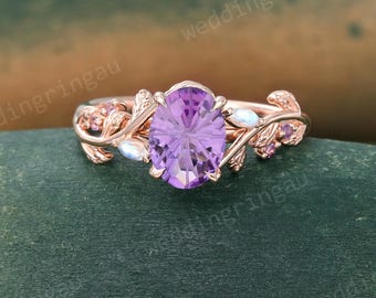 Firework cut Amethyst engagement ring Vintage Rose gold Leaf ring Marquise cut Moonstone ring Unique Nature inspired Twig ring Promise ring