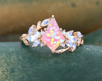 Nature Inspired Pink Opal Engagement Ring Unique Kite Opal Promise Ring Women Twig Branch Marquise Cut Moonstone Wedding Anniversary Gift