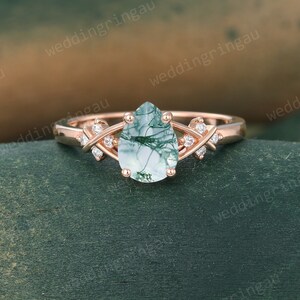 Pear shaped Moss agate ring Vintage Rose gold teardrop gemstone engagement ring Round moissanite ring art deco Bridal wedding promise ring