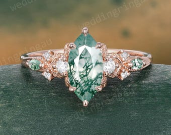 Marquise cut Moss Agate Engagement Ring Unique Rose Gold Milgrain ring Leaf Nature Inspired Wedding Ring Bridal Promise Anniversary gift