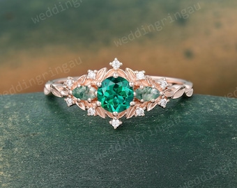 Vintage Round Cut Emerald Engagement Ring 10K Rose Gold Marquise Cut Moss Agate Ring Moissanite Leaf Bridal Promise Anniversary Ring