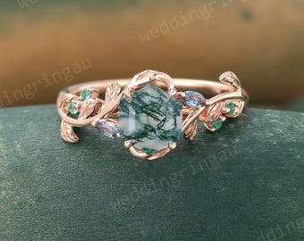 Branch Hexagon Cut Moss Agate Ring Rose Gold Engagement Ring Leaf Nature Inspired Ring Marquise Alexandrite Emerald Wedding Promise Ring