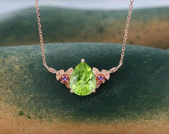 Pear shaped Peridot necklace Rose gold Unique Amethyst pendant Leaf Women August Birthstone Necklace Three stone pendant Anniversary gift