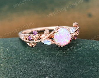 Dainty Pink Opal ring Unique Rose gold Leaf engagement ring Marquise cut Moonstone ring Amethyst ring Nature inspired Twig ring Promise gift
