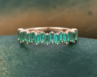 Unique Lab Emerald wedding band rose gold Baguette cut wedding ring half eternity art deco Bridal stacking matching band promise Anniversary