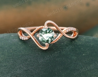 Green Moss agate engagement ring Vintage Rose gold moissanite wedding ring Unique Art deco twisted ring Round cut ring bridal promise ring