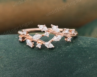 Branch Wedding band Unique Moissanite Rose gold Wedding band Twig Marquise cut Diamond ring Nature inspired ring Bridal Promise ring