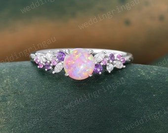 Round Pink Fire Opal ring Unique White gold Cluster engagement ring Amethyst Pink sapphire ring Diamond bridal anniversary ring for women
