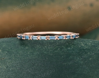 London blue topaz wedding band rose gold baguette cut topaz wedding ring half eternity art deco stacking matching band Anniversary ring