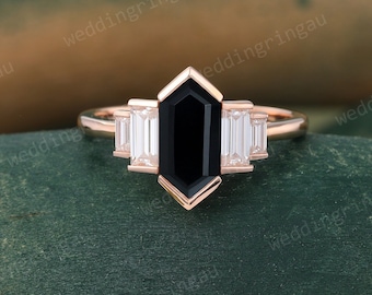 Hexagon Black onyx engagement ring Unique rose gold ring Diamond Bezel set ring Baguette cut Moissanite ring Bridal promise anniversary ring