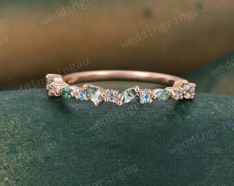 Moss Agate wedding band Vintage Round Shape Alexandrite wedding band Rose gold Marquise cut ring Unique Stacking Band Anniversary ring