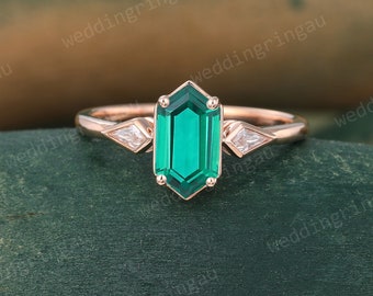 Hexagon cut Lab Emerald ring Unique Rose gold engagement ring kite cut moissanite ring Three stone marriage ring bridal anniversary ring