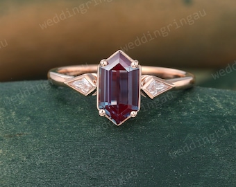 Hexagon cut Alexandrite ring Unique Rose gold engagement ring Kite cut Moissanite ring Three stone ring Vintage Bridal anniversary ring