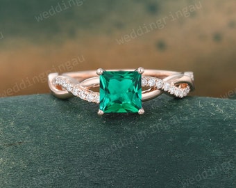 Princess cut Emerald ring Vintage Rose gold engagement ring Moissanite pave ring Infinity ring Diamond Twist ring Bridal Promise ring