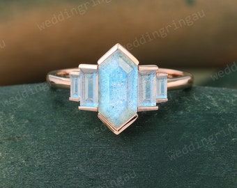 Hexagon cut Labradorite ring Unique Rose gold engagement ring Women Baguette cut Labradorite ring Bezel set ring Art deco Promise ring