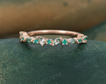 Cluster Moss Agate wedding band Vintage Round cut Lab Emerald wedding band Rose gold Marquise cut ring Unique Stacking Band Anniversary ring