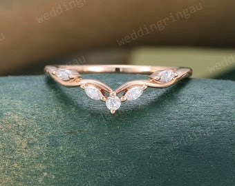 Curved moissanite wedding band women unique Vintage rose gold Marquise cut wedding band Branch art deco stacking matching band Anniversary