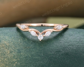 Curved moissanite wedding band women unique Vintage rose gold Marquise cut wedding band Branch art deco stacking matching band Anniversary