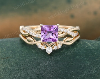Princess cut Amethyst engagement ring set Vintage Yellow gold Moissanite pave ring Infinity ring Curved Stacking band bridal promise ring