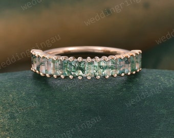 Vintage moss agate wedding band rose gold Baguette cut unique wedding band women art deco stacking matching band promise Anniversary gift