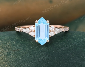 Swiss Blue Topaz ring, Vintage Rose gold Engagement ring, Hexagon cut Light Blue topaz ring, Unique Gemstone ring gold, Moissanite ring