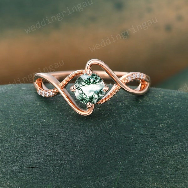 Green Moss agate engagement ring Vintage Rose gold moissanite wedding ring Unique Art deco twisted ring Round cut ring bridal promise ring