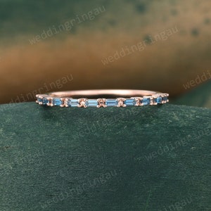 London blue topaz wedding band rose gold baguette cut topaz wedding ring half eternity art deco stacking matching band Anniversary ring