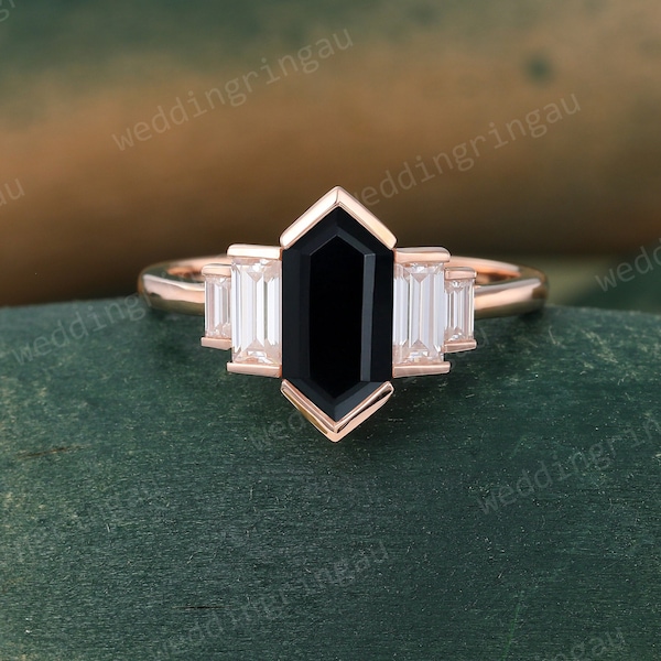 Hexagon Black onyx engagement ring Unique rose gold ring Diamond Bezel set ring Baguette cut Moissanite ring Bridal promise anniversary ring