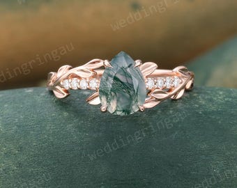 Leaf Pear Shaped Moss Agate Ring Unique Rose Gold Engagement Ring Diamond Twig Wedding Promise Ring Nature Inspired Ring Anniversary Gifts