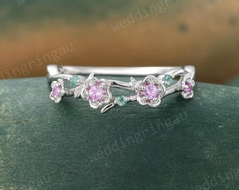 Flower Pink sapphire wedding band Unique White gold moss agate curved wedding band for women art deco branch twig ring Stacking promise ring