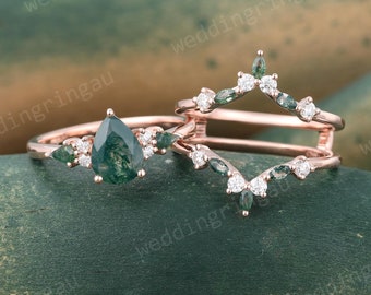 Pear Moss agate engagement ring set Vintage Rose gold moss agate ring Kite cut Moss agate bridal set Moissanite ring enhancer Promise ring