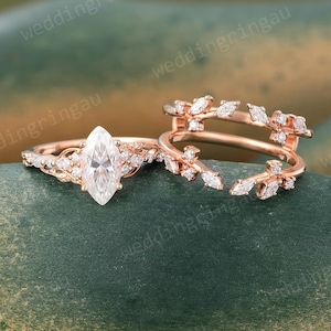 Leaf Moissanite Engagement ring set Unique Rose gold Nature Inspired Ring Set Marquise cut Diamond ring Enhancer Bridal Promise ring set