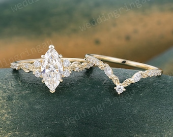 1CT Marquise Cut Lab Grown Diamond Engagement Ring Set Unique Yellow Gold Leaf Design Bridal Set Nature Inspired Ring Promise Gift for women