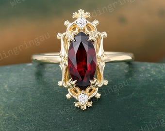 Marquise cut Garnet ring Vintage Yellow Gold engagement ring Round moissanite ring January Birthstone ring Three stone ring anniversary ring