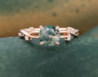 Dainty Moss Agate Engagement Ring Unique 14K Rose Gold Round Diamond Ring Natural Aquatic Agate Leaf Twist Wedding Anniversary Ring