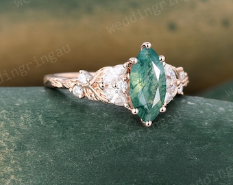 Marquise Moss Agate Engagement Ring Unique Rose Gold Diamond Cluster Ring Leaf Nature Inspired Wedding Green Gemstone Ring Anniversary Gift