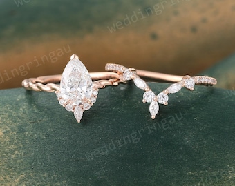 Pear Lab Grown Diamond engagement ring set Vintage Solid 18k Rose gold Engagement ring diamond wedding ring Women Twisted Promise ring set