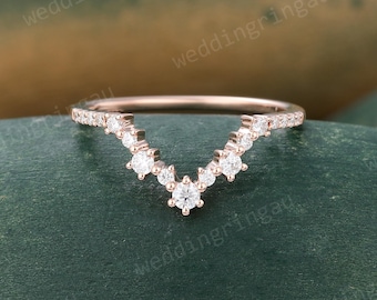 V Shaped Moissanite Wedding Band Unique Rose Gold Curved Diamond Stacking Band Women Chevron Band Promise Anniversary Custom Band