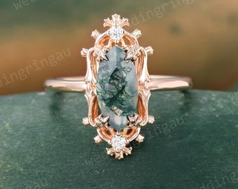 Art Deco Moss Agate Engagement Ring Vintage Rose Gold Marquise Cut Moss Agate Wedding ring Moissanite Three Stone Promise Ring for Her