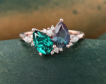 Pear shaped Emerald engagement ring Vintage Rose gold Alexandrite ring moissanite ring Unique June birthstone ring May birthstone ring gift