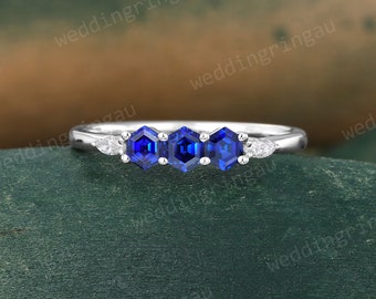 Hexagon cut Blue sapphire wedding band White gold Marquise cut moissanite ring art deco Bridal stacking matching band Anniversary ring