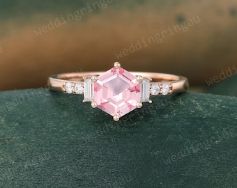Hexagon cut Pink sapphire ring Vintage Rose gold engagement ring Baguette cut Moissanite ring Art deco bridal anniversary ring for women