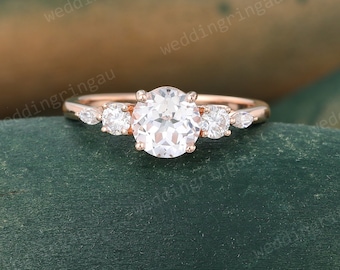 Lab White Sapphire engagement ring Unique Rose gold Round cut ring Marquise cut Moissanite ring Bridal wedding ring promise ring for women