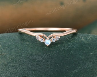 Moonstone Curved wedding band Vintage Rose gold Alexandrite wedding band Dainty art deco stacking matching band Anniversary ring for women