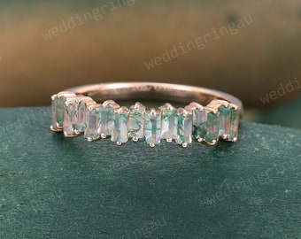 Moss agate wedding band Unique rose gold Baguette cut half eternity wedding band art deco stacking matching band promise Anniversary for her
